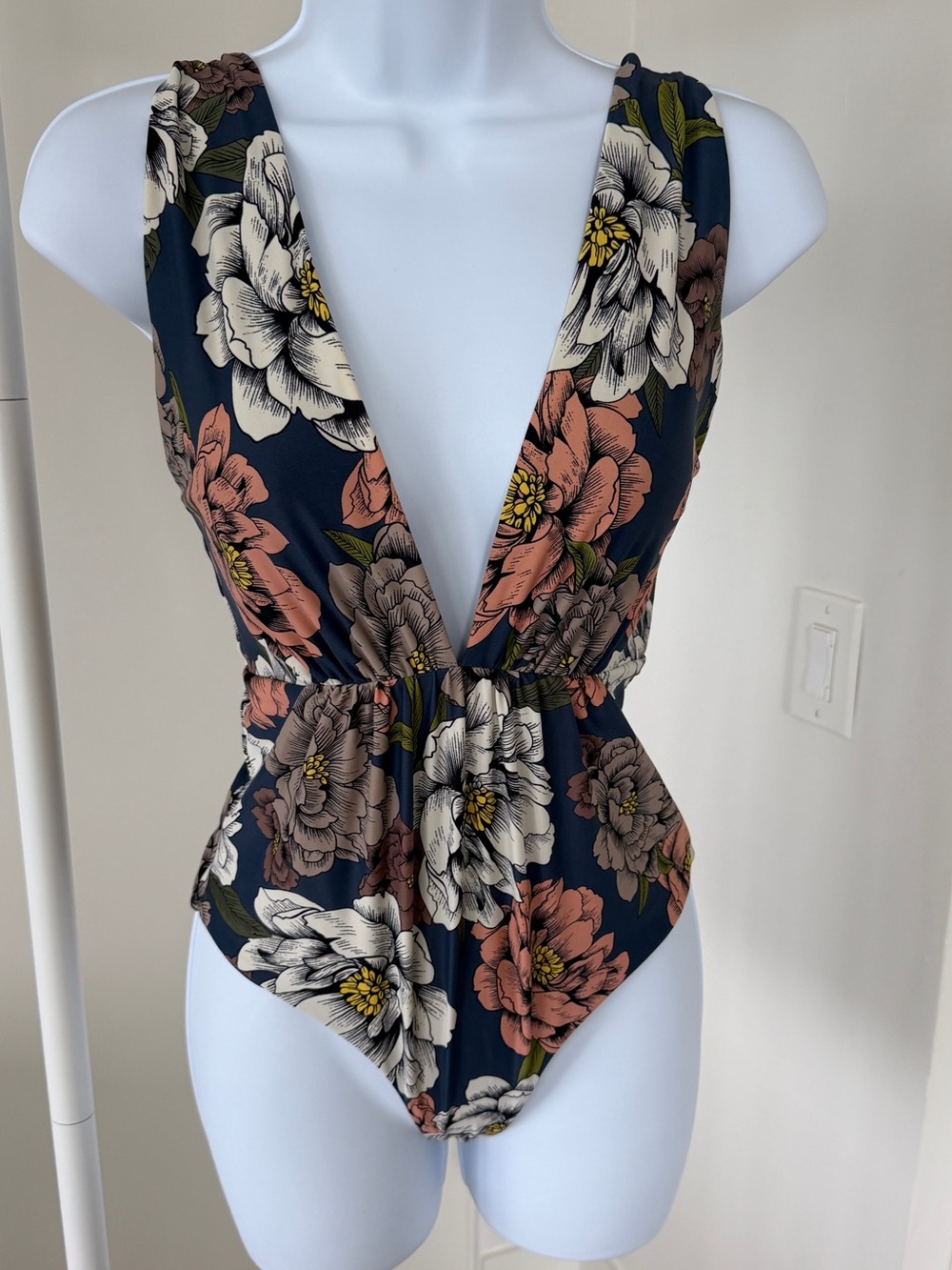 Tori Praver Navy Floral Deep V One-Piece with Pink, White & Brown Blooms